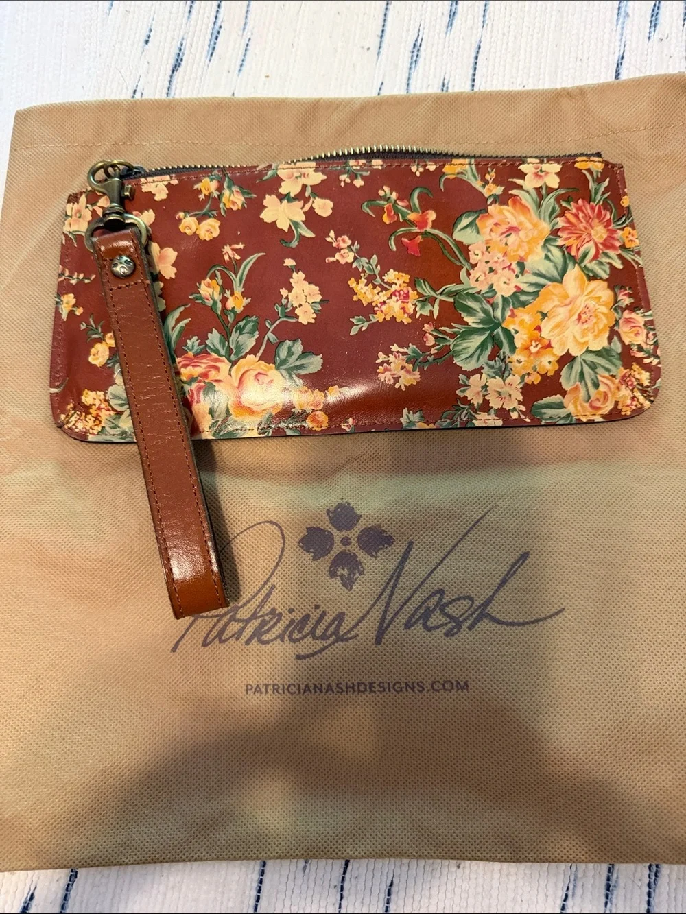 Patricia Nash Burgundy Floral Zip Wristlet with Brown Strap